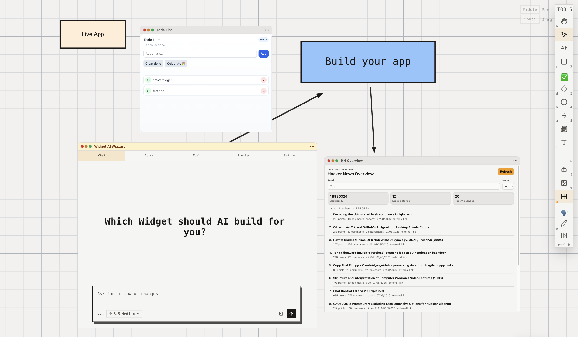 Vibecanvas infinite canvas with generated live app widgets